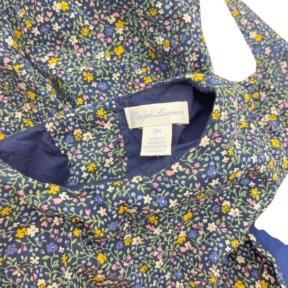 Ralph Lauren Baby Girls Navy Blue Floral Cotton Lined Dress 18M Button Back‎